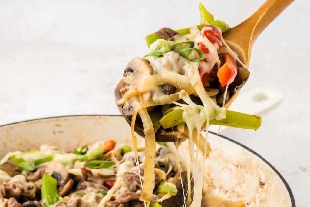 A close up shot of cheesesteak skillet.