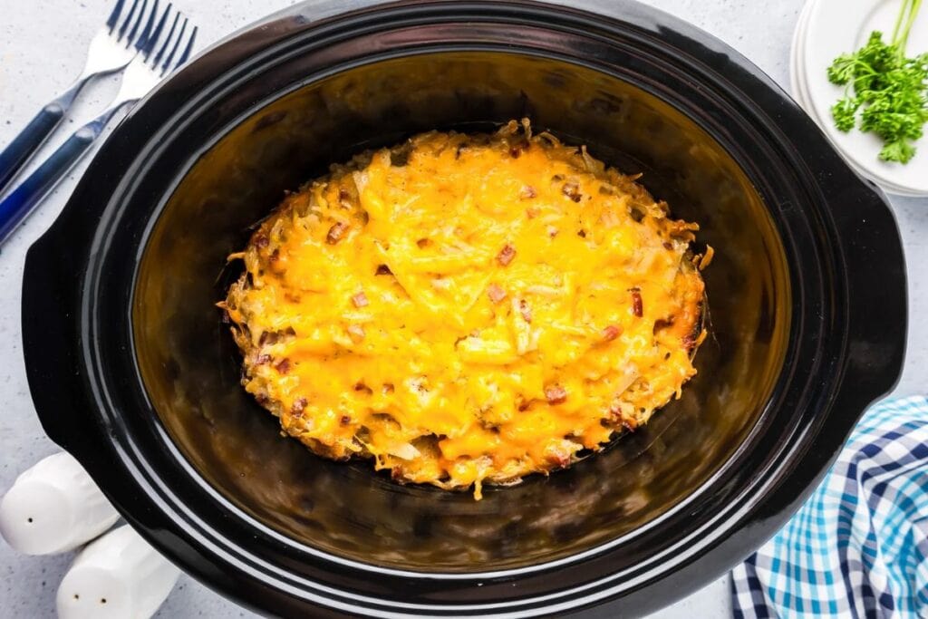Hashbrown casserole in a crockpot.