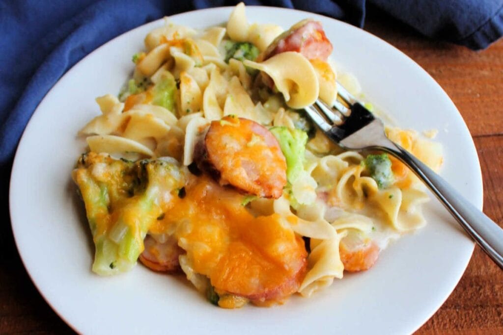 Cheesy kielbasa and pasta casserole.