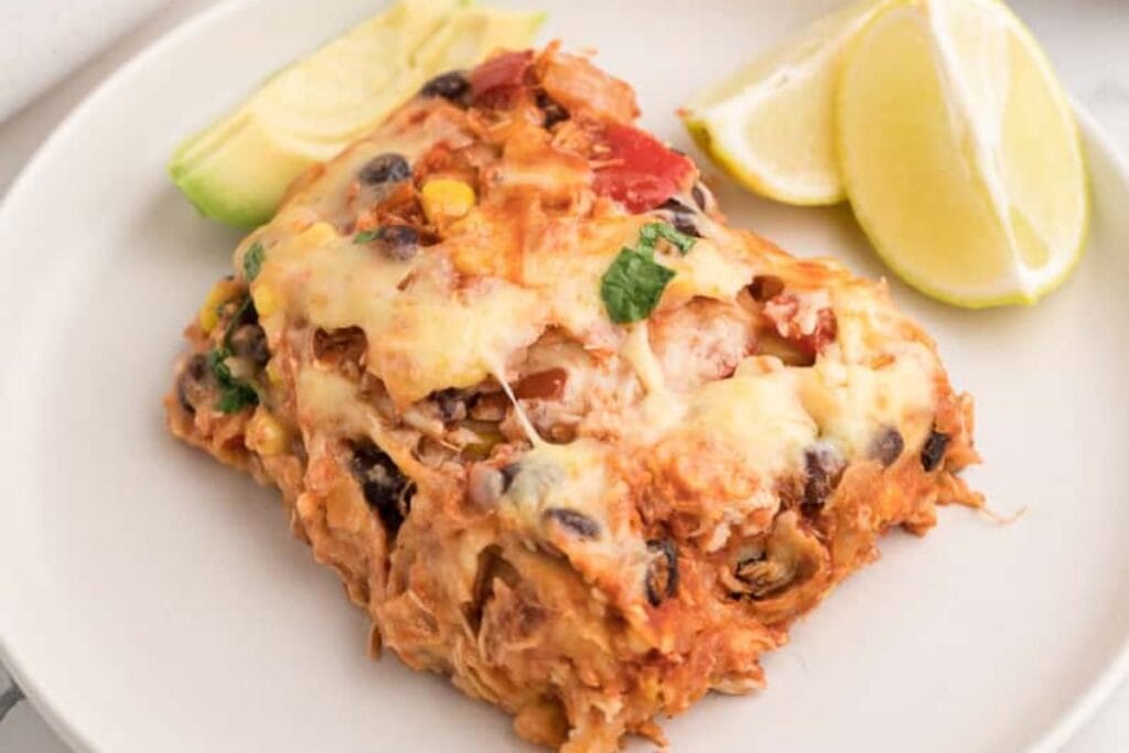 A close up shot of chicken enchilada.