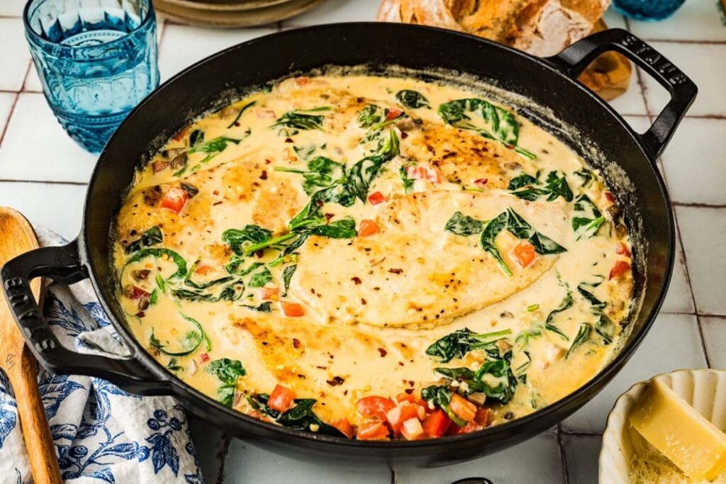 A close up shot of chicken florentine.