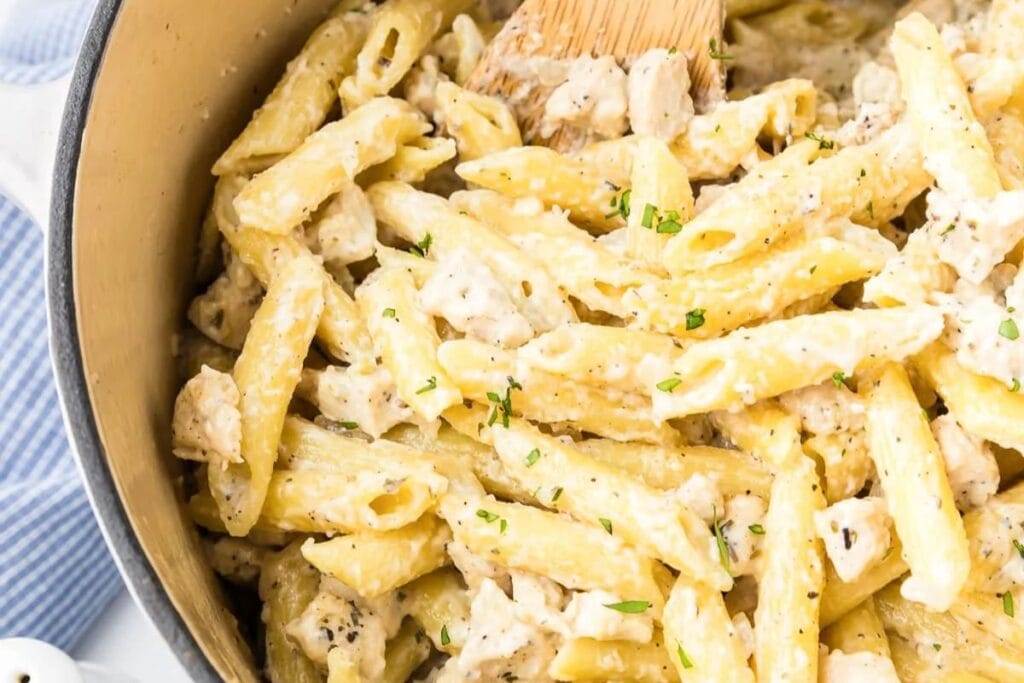 Chicken penne alfredo in a pot.