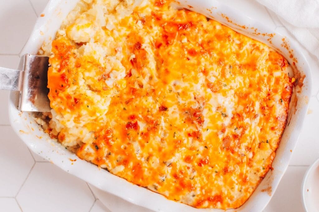 A close up shot of chicken potato casserole.