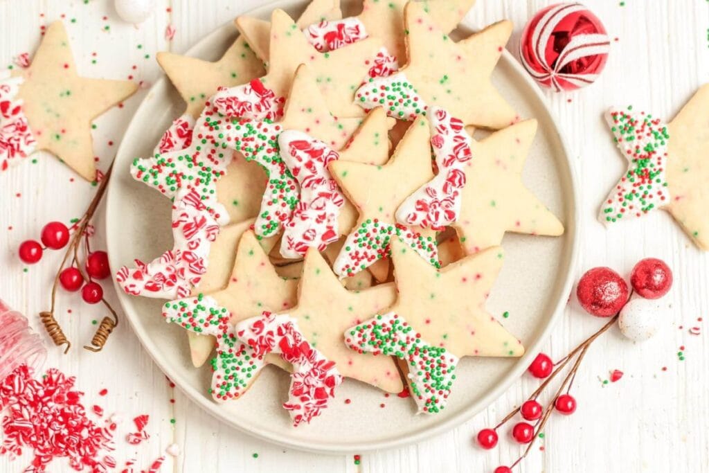 A close up shot of sprinkle cookies.