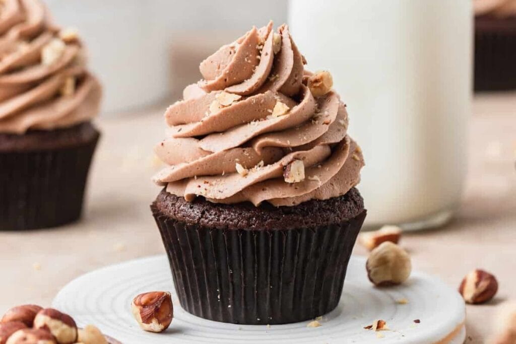 A close up shot of chocolate hazelnut cupcake.