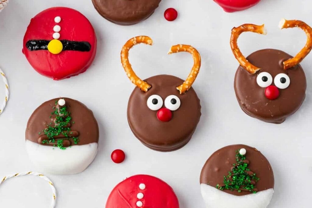 A close up shot of Christmas Oreos.