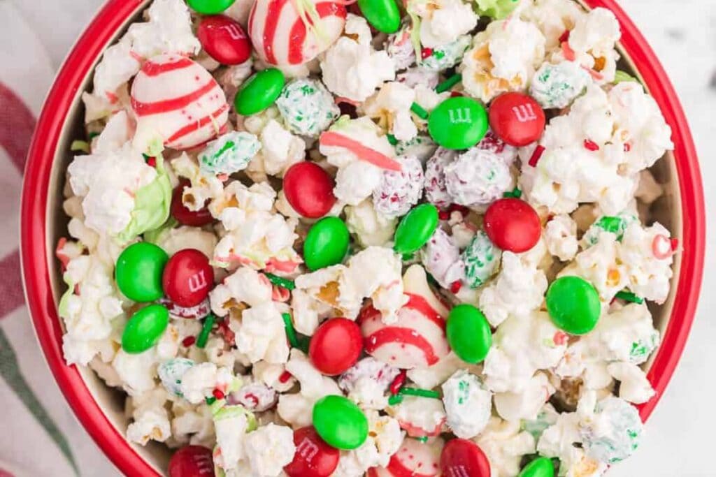 A close up shot of Christmas popcorn.