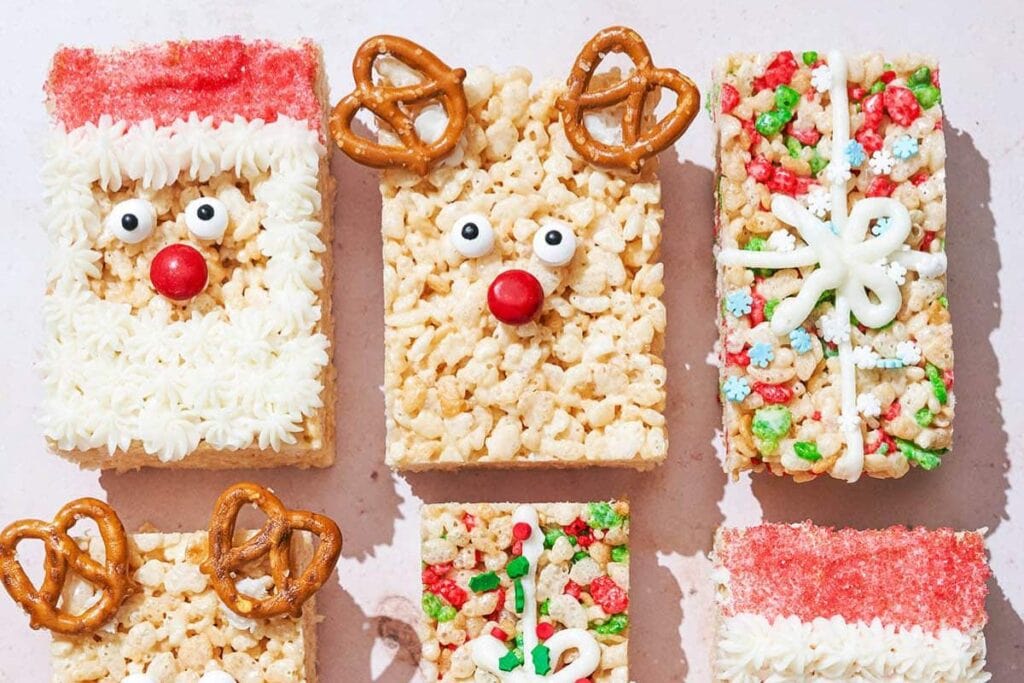 A close up shot of Christmas rice krispies.