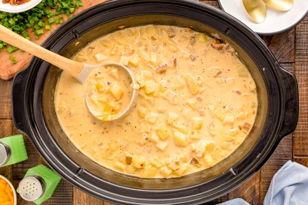 Potato soup in a crockpot.