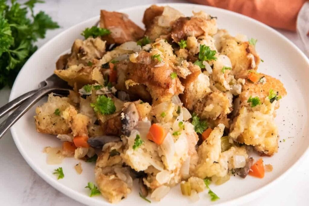 A close up shot of crockpot stuffing.