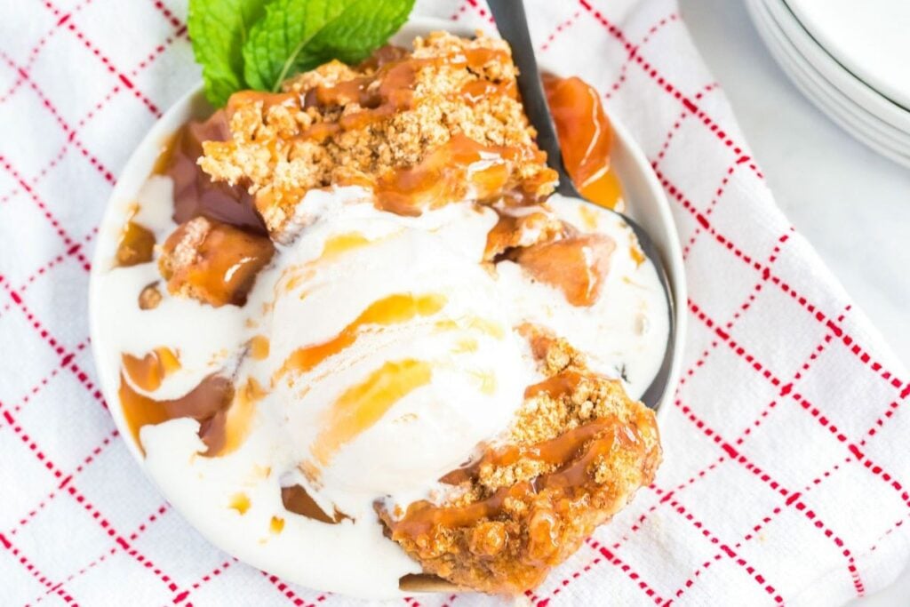 A close up shot of apple cobbler.