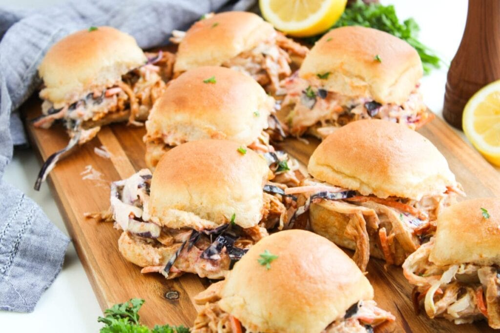 Close up shot of chicken sliders.