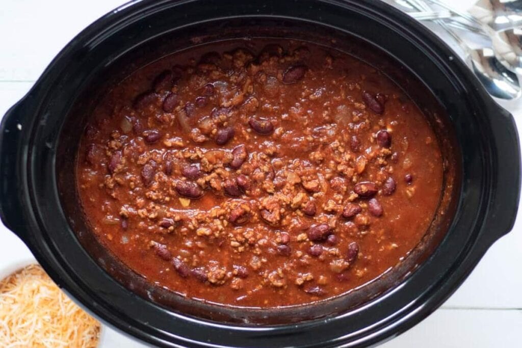 A close up shot of crockpot chili.