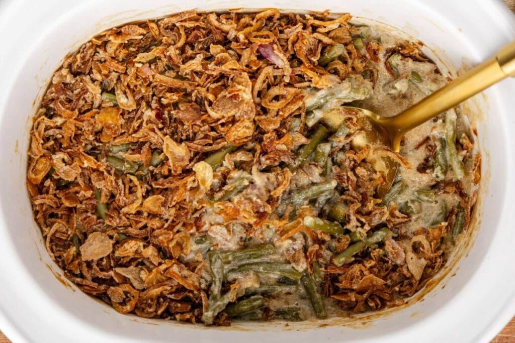 Green bean casserole close up shot.