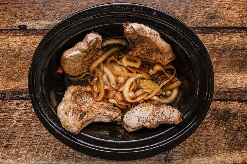 Pork chops in a slow cooker.