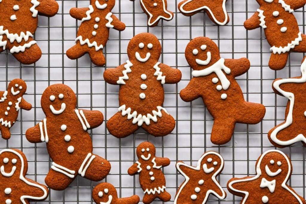 A close up shot of gingerbread men cookies.
