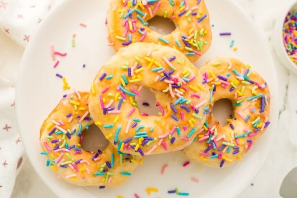 A close up shot of donuts.