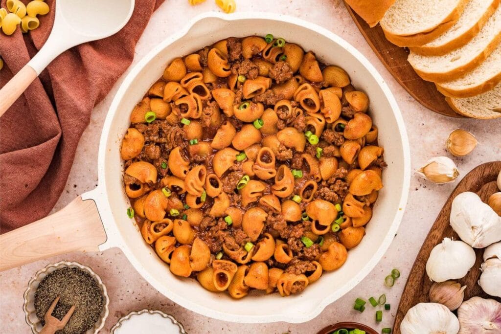 A close up shot of grandma's goulash.