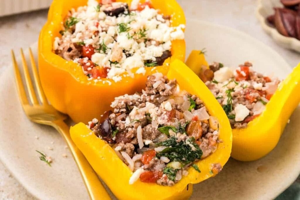 A close up shot of stuffed peppers.