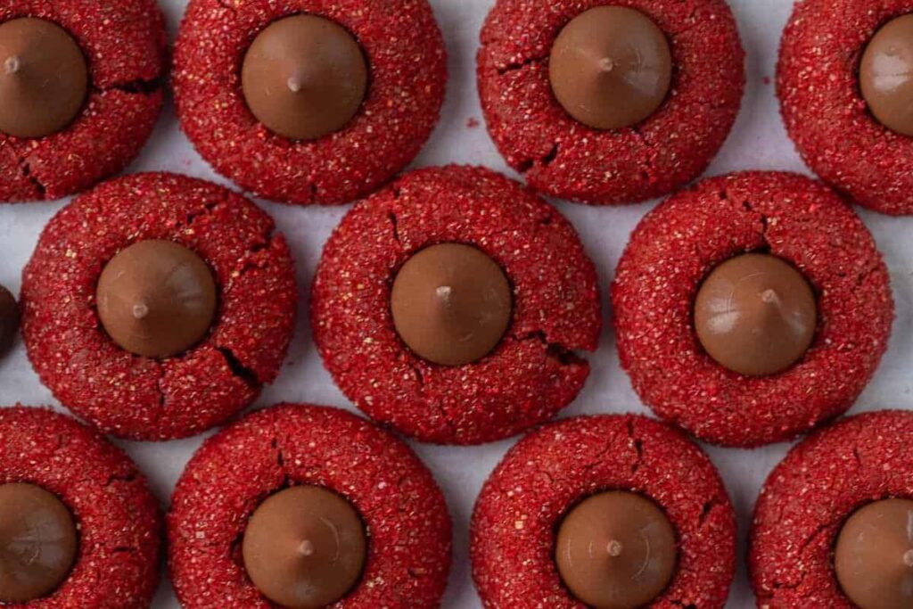 A close up shot of red velvet cookies.
