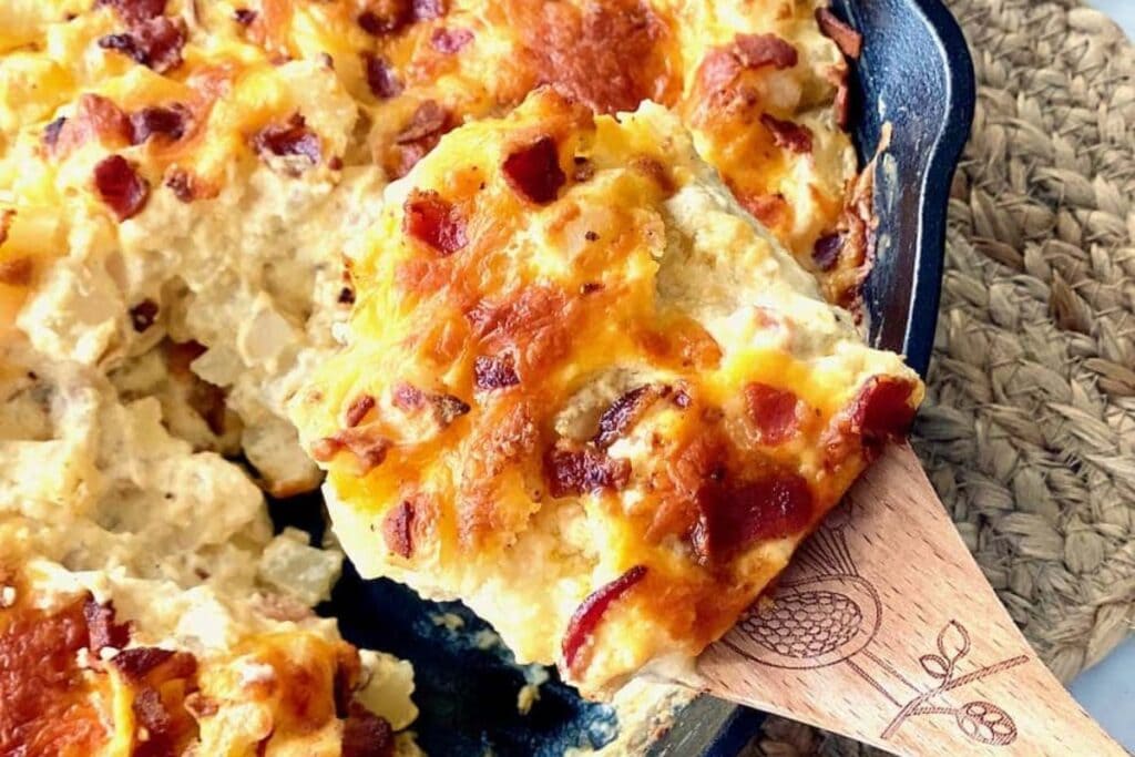 A close up shot of hash brown casserole.