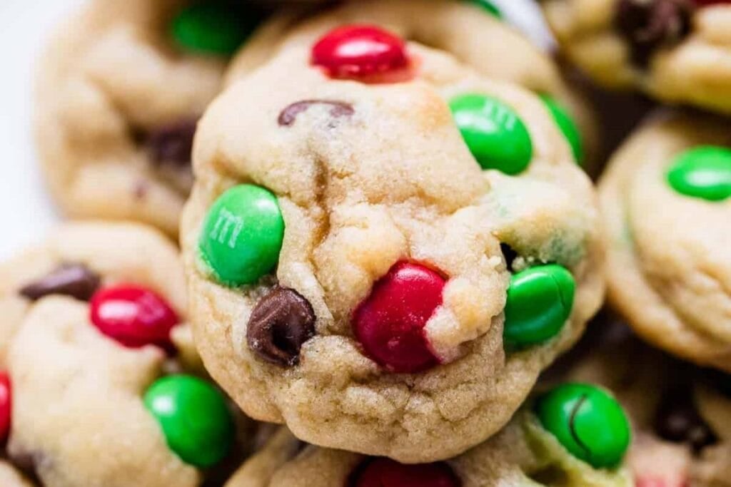A close up shot of m&m cookies.