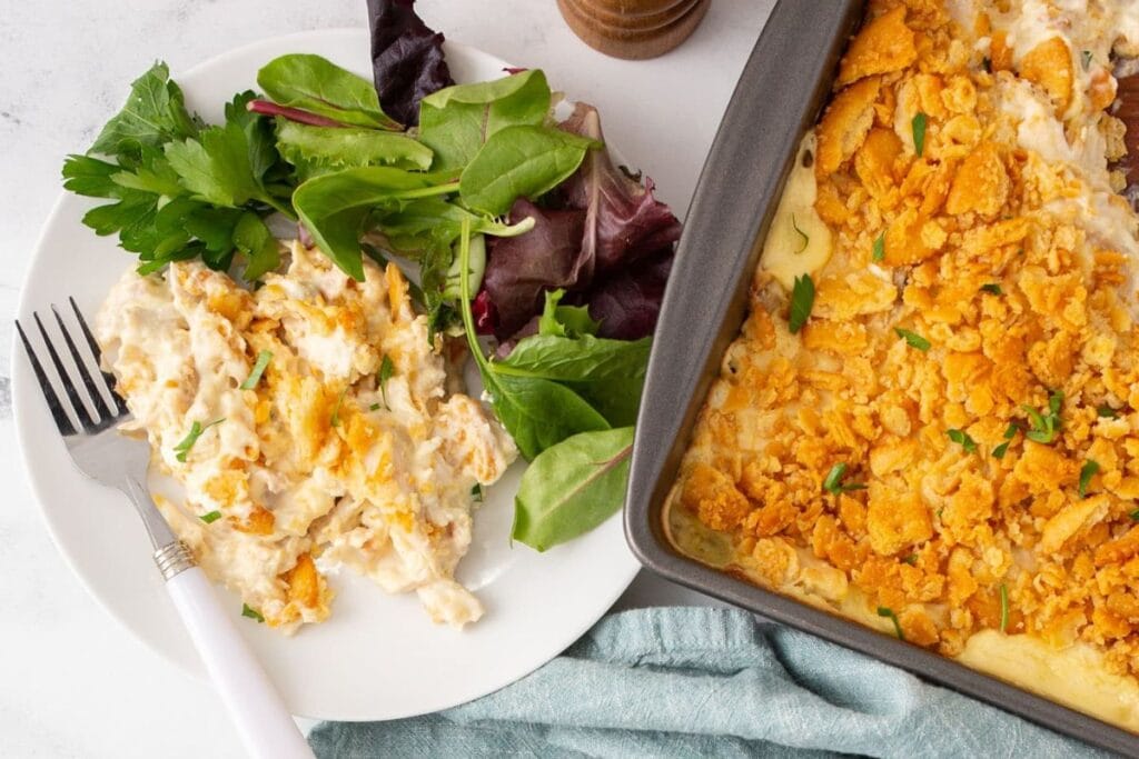 Chicken casserole on a plate.