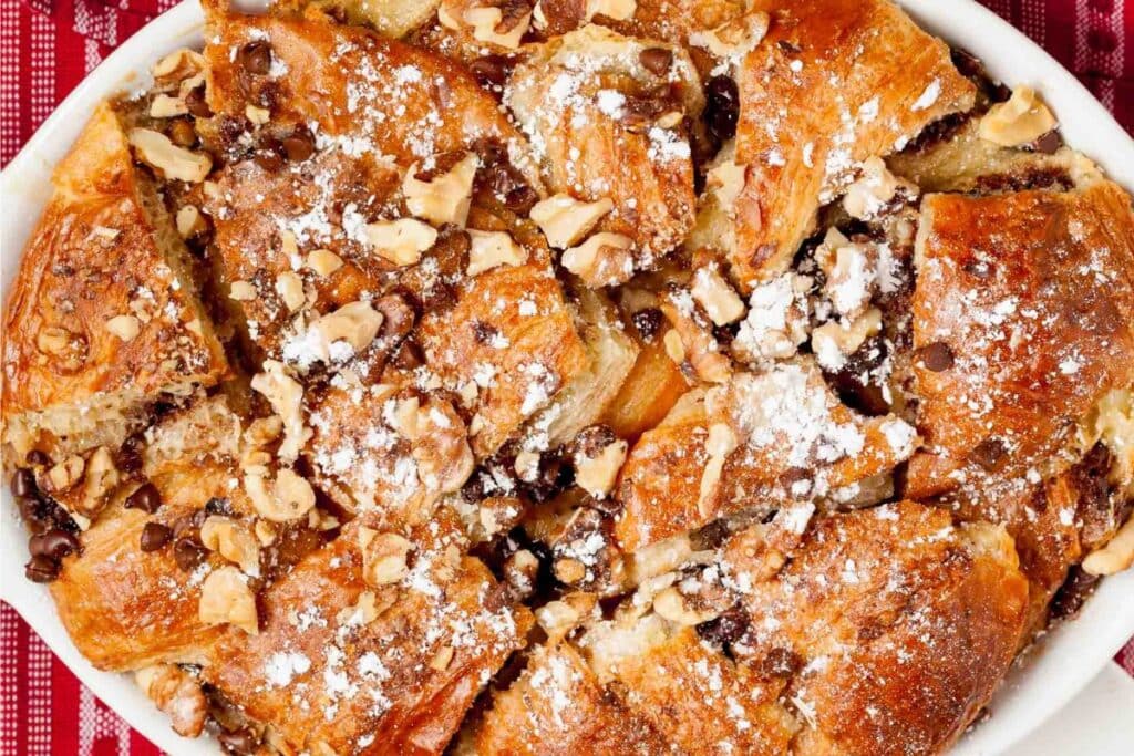 A close up shot of bread pudding.