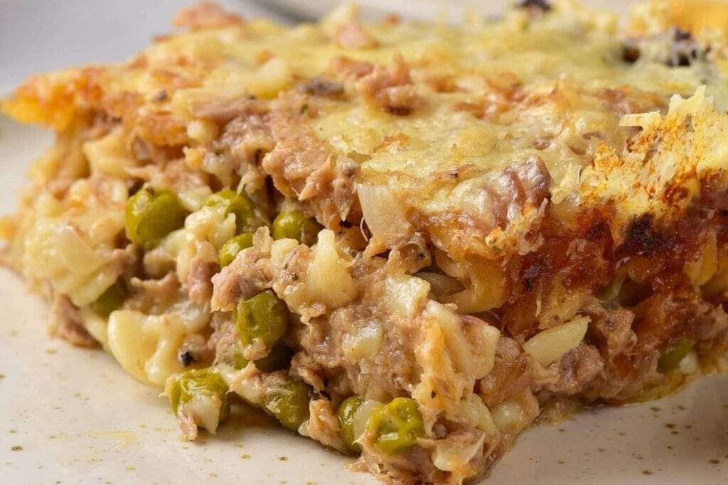 A close up shot tuna casserole.