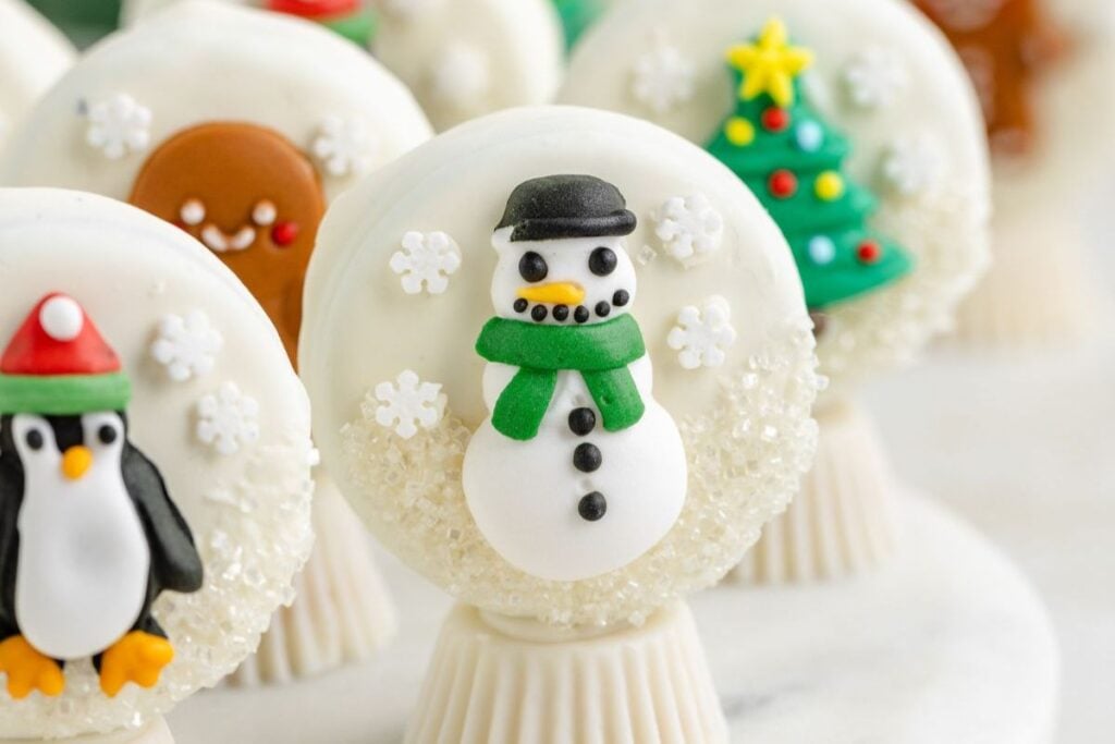 A close up shot Oreo snow globes.
