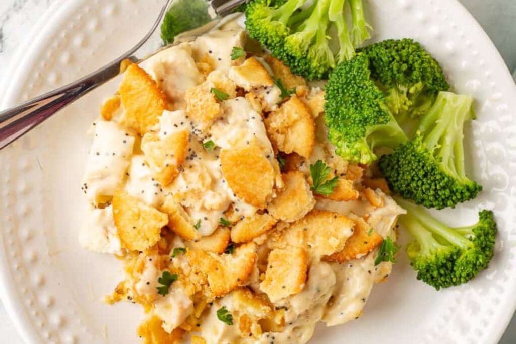 Chicken casserole on a plate.