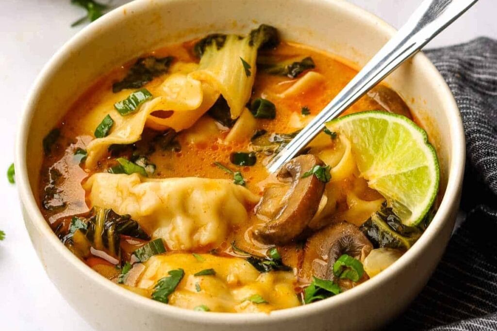 A close up shot of dumpling soup.