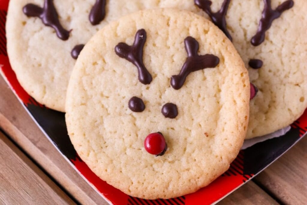 A close up shot of reindeer cookies.