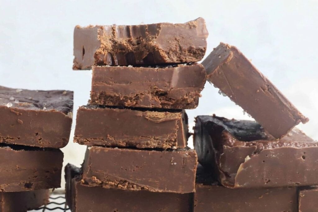 A close up shot of sea salt nutella fudge.