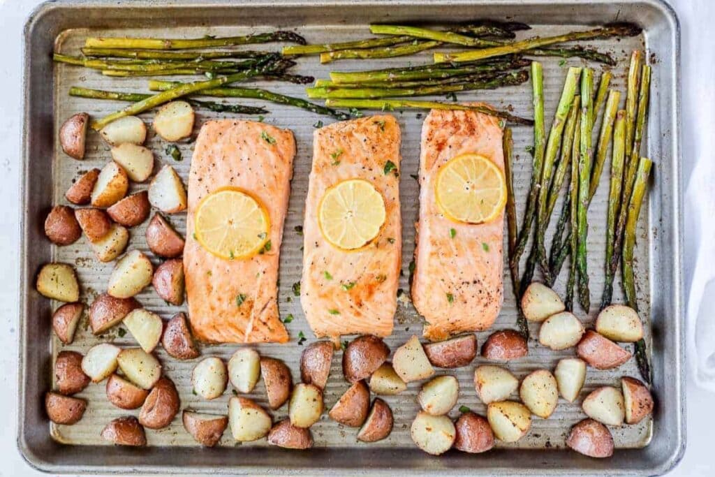 A close up shot of sheet pan salmon.