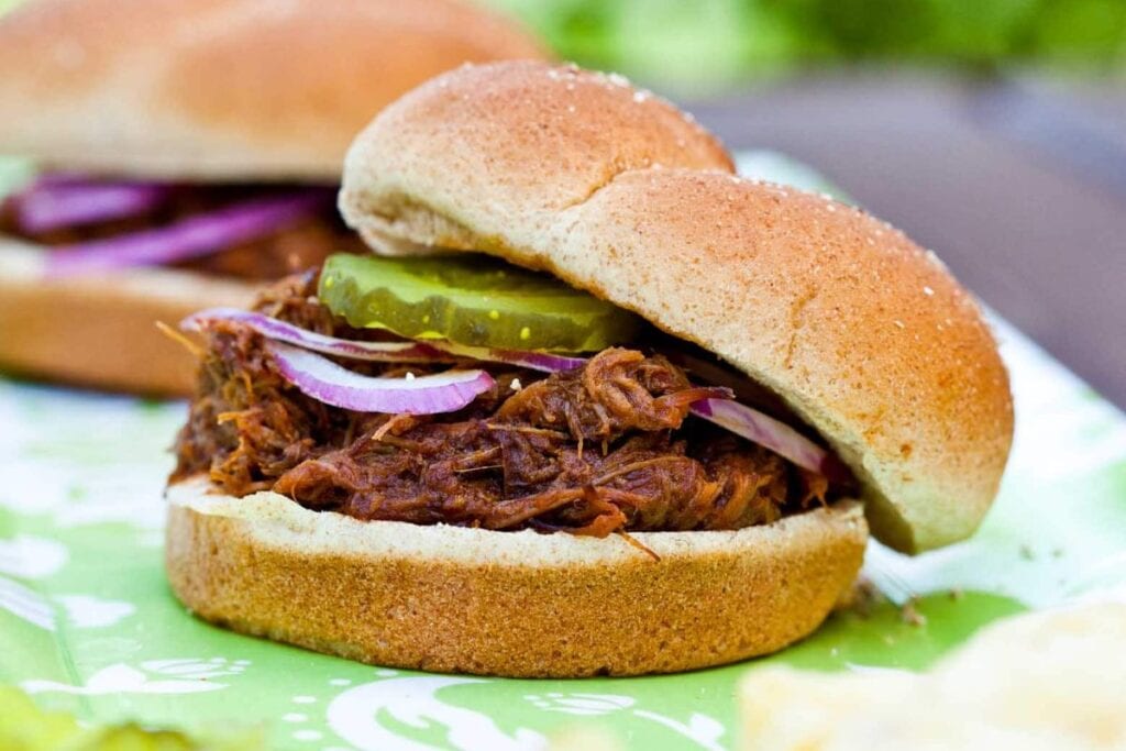 A close up shot of slow cooker bbq pulled pork.
