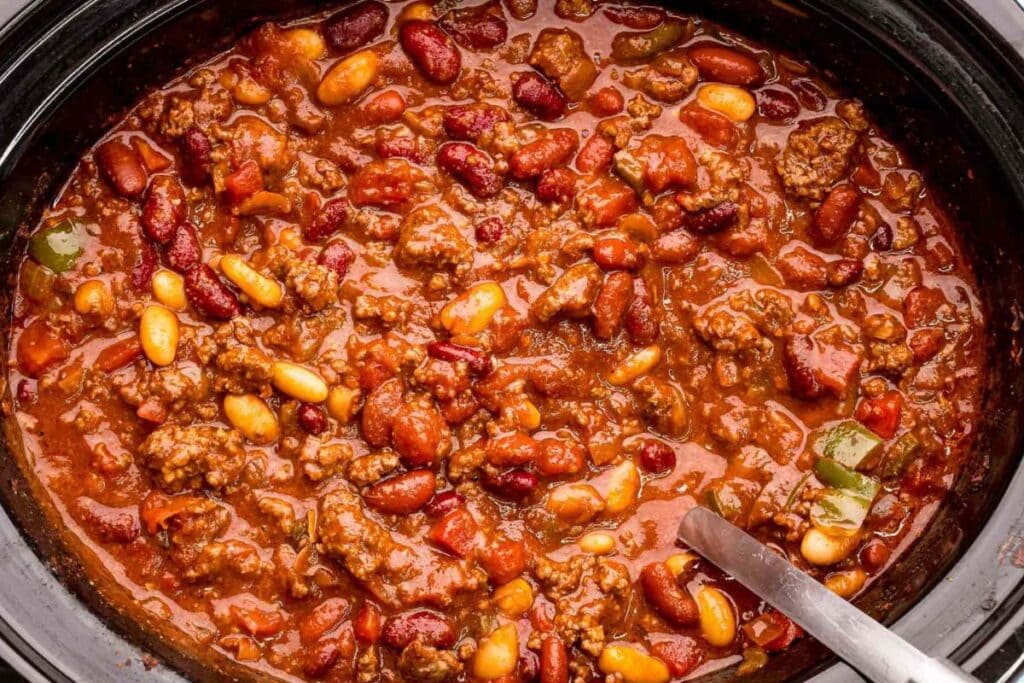 A close up shot of slow cooker chili.