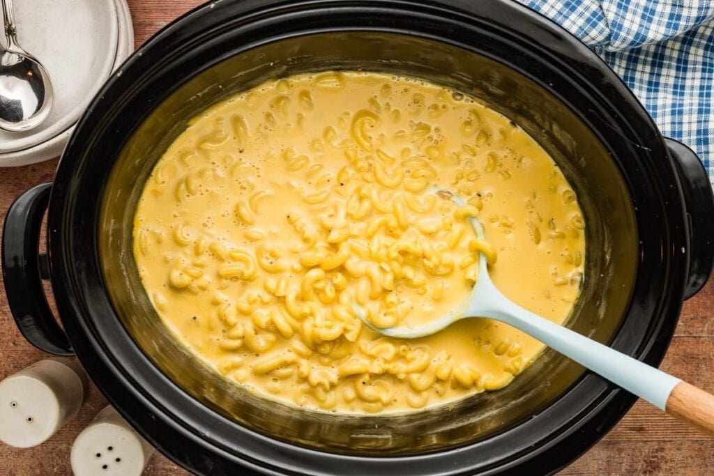 A close up shot of crockpot mac and cheese.