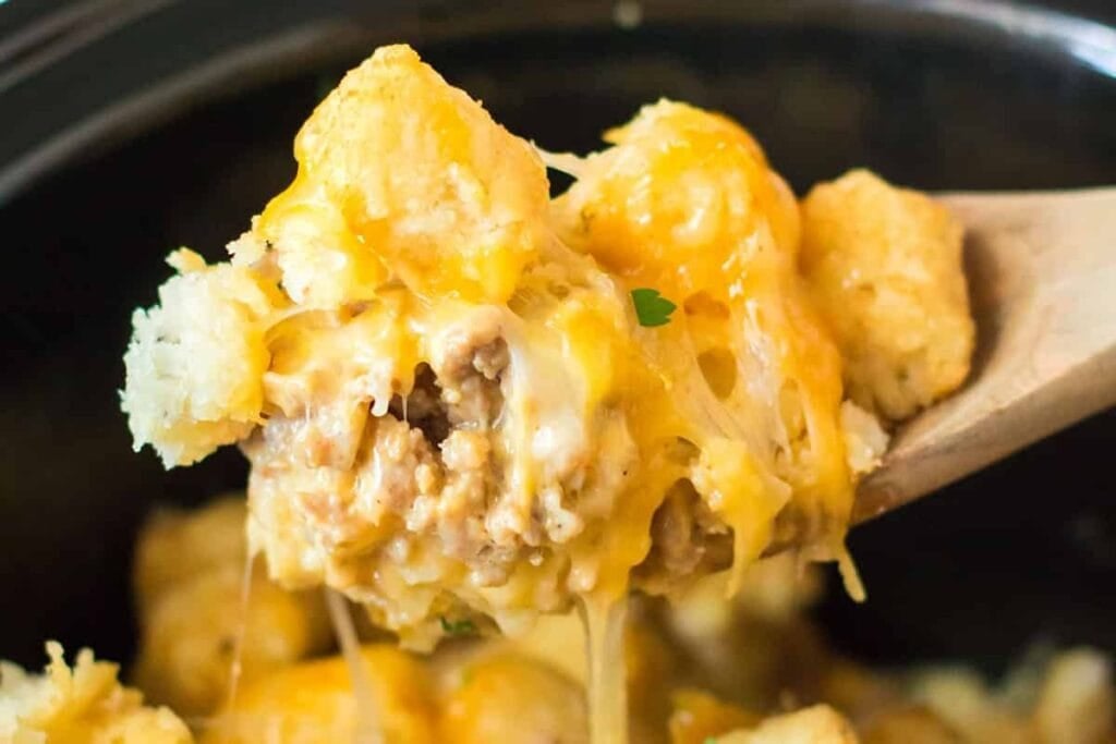 A close up shot of tater tot casserole.
