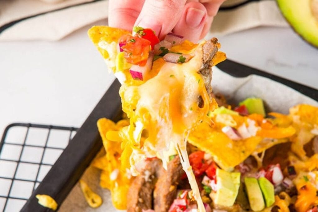 A close up shot of nachos.