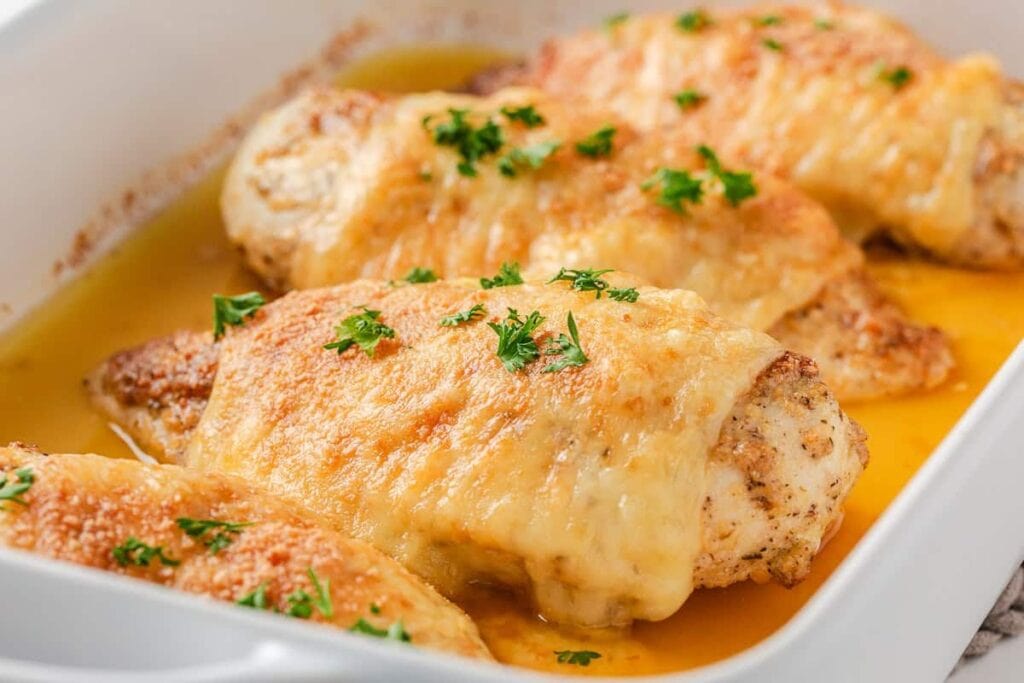 A close up shot of chicken bake.