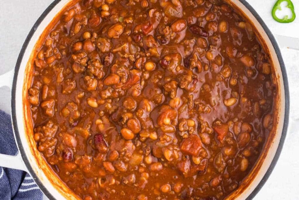 Three bean chili close up shot.