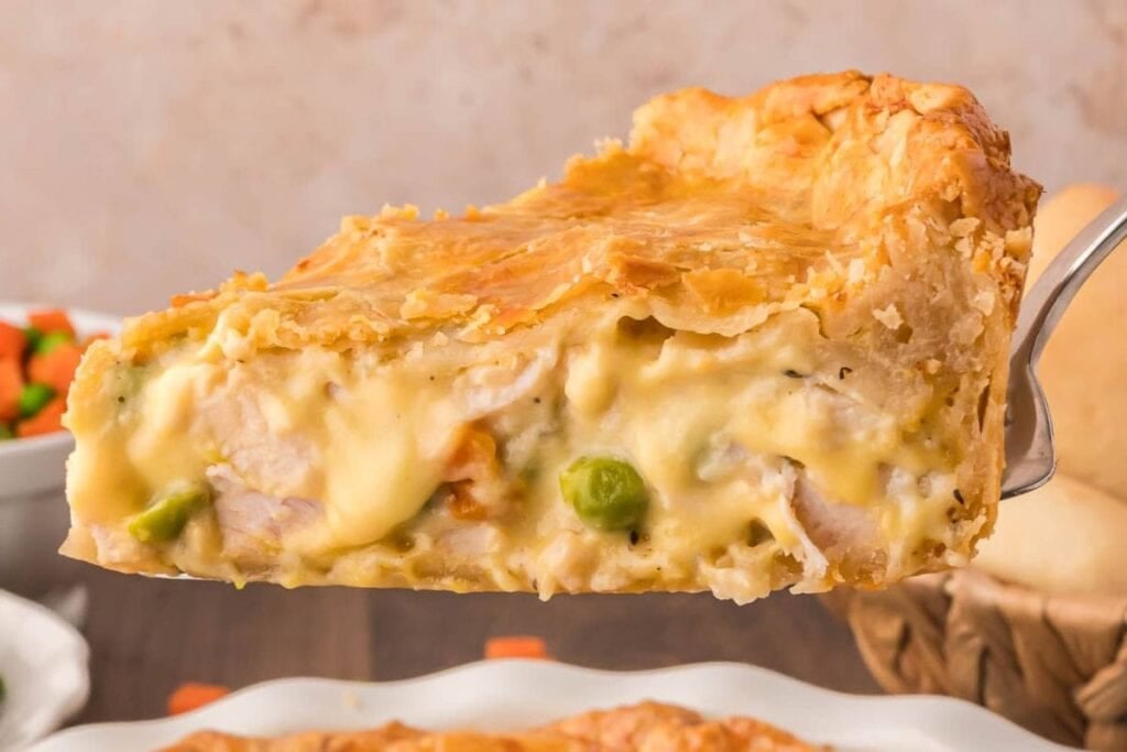 A close up shot of turkey pot pie.