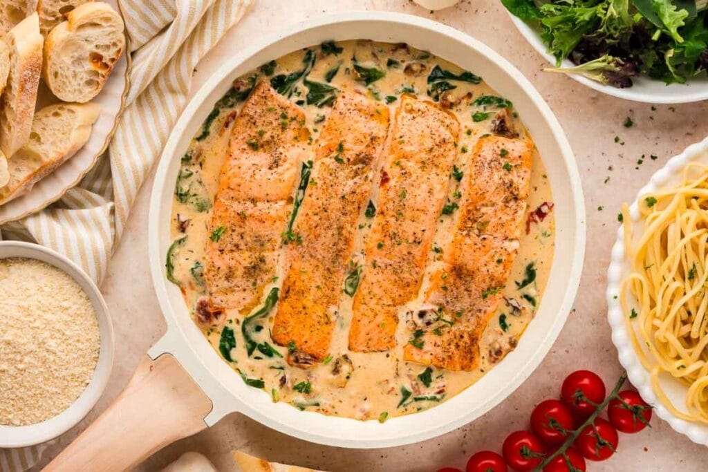 Tuscan salmon close up shot.