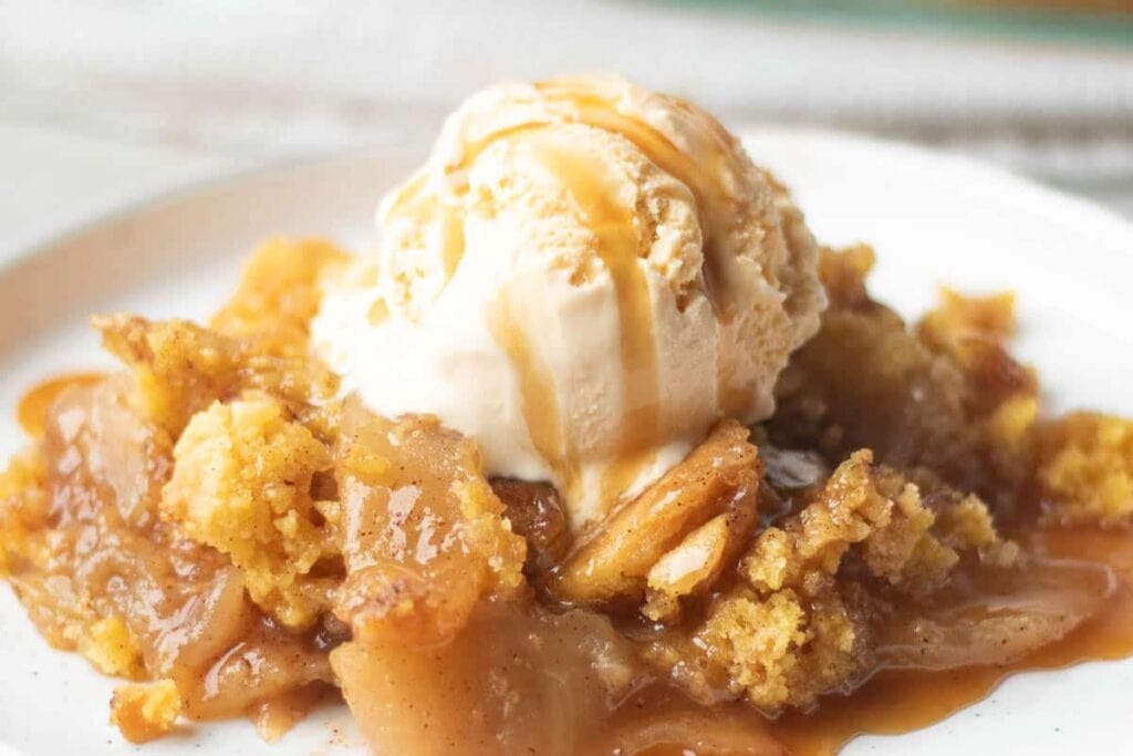 Apple cobbler on a plate.