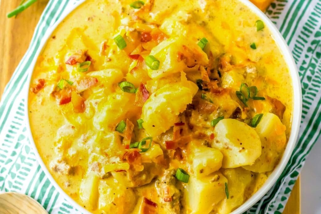 Bacon cheeseburger soup in a bowl.