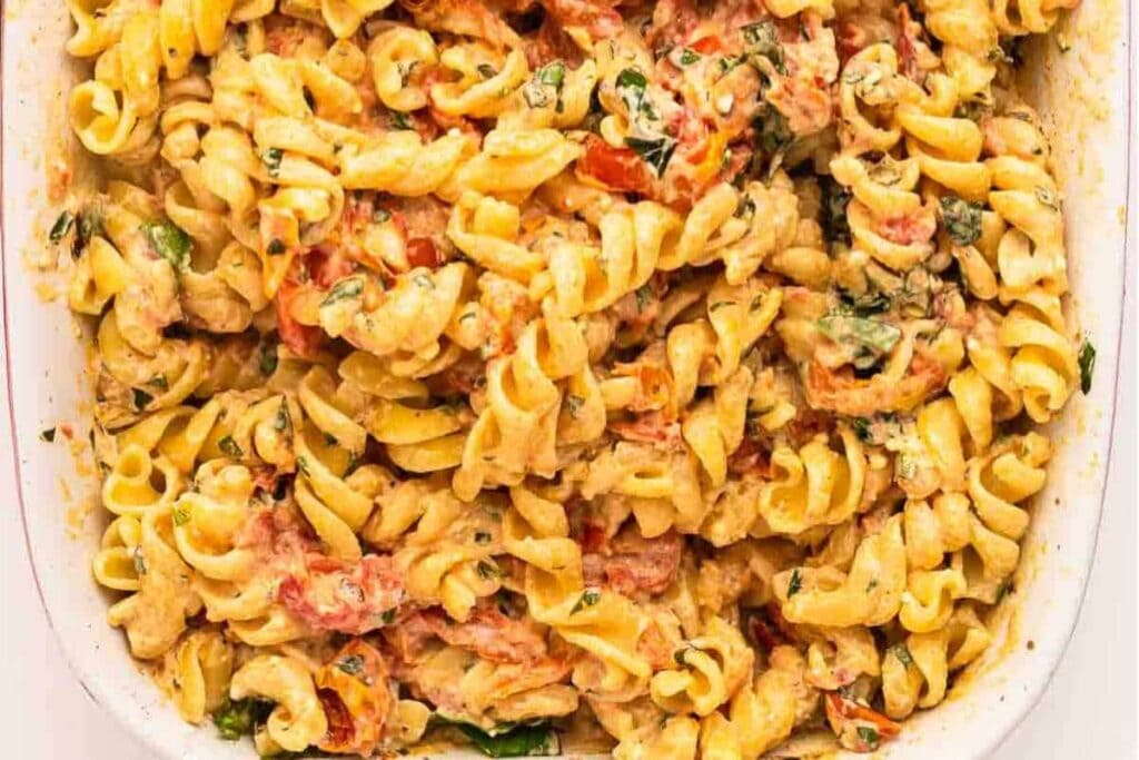 Baked feta pasta in a baking dish.