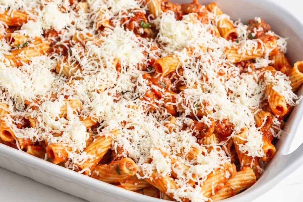 Baked rigatoni in a baking dish.