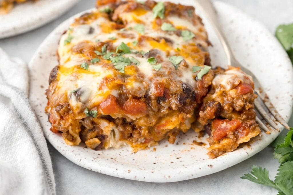 Beef enchilada casserole on a plate.