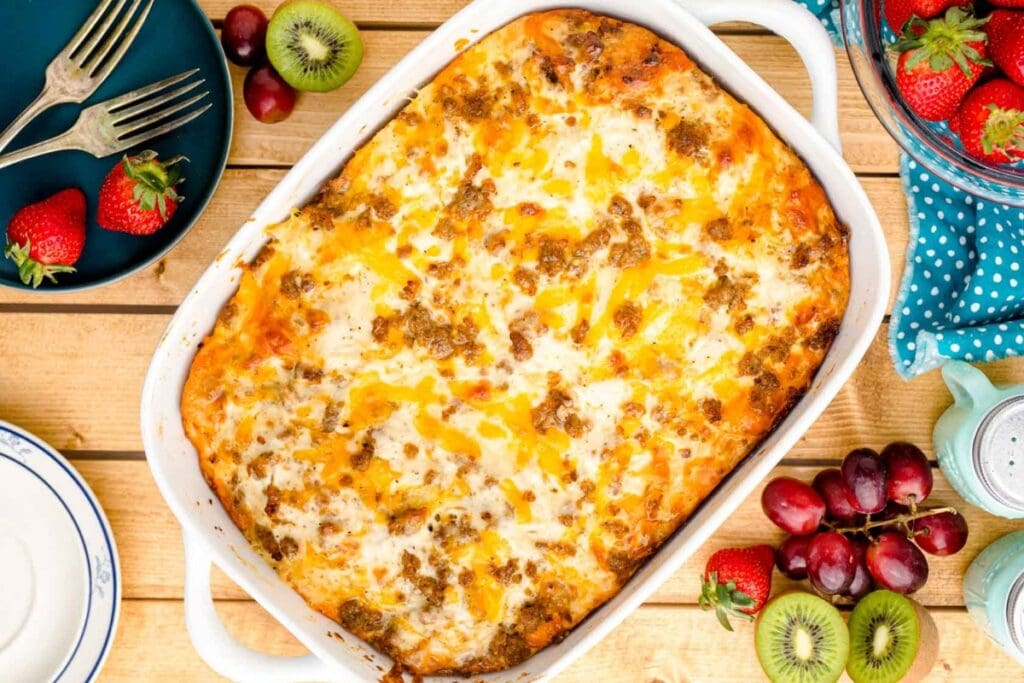 Biscuits and gravy casserole in a baking dish.